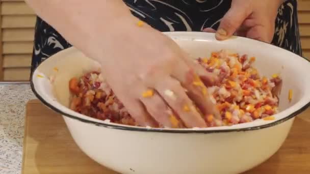 Šéfkuchařovy Ruce Smíchají Mleté Maso Dalšími Ingrediencemi Hluboké Kovové Misce — Stock video