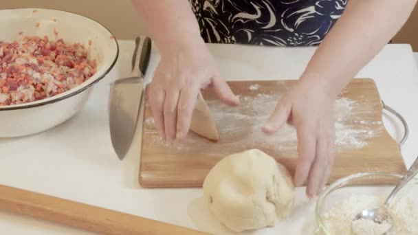 Kobieta Tnie Ciasto Małe Kawałki Gotowania Potraw Gotowanie — Wideo stockowe