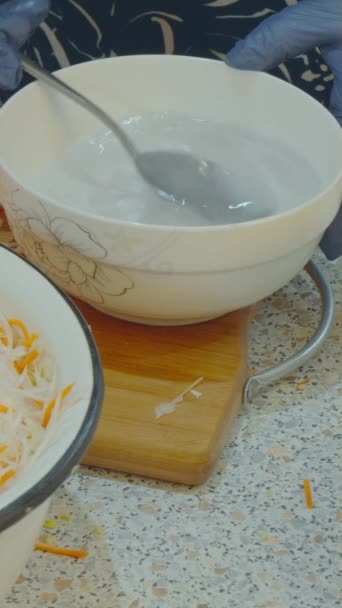 Cook Prepares Salt Solution Pours Finely Chopped Cabbage Carrots Fermentation — Video Stock