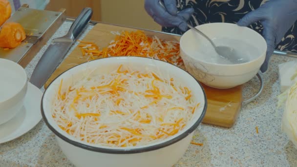 Cook Prepares Salt Solution Pours Finely Chopped Cabbage Carrots Fermentation — Video Stock