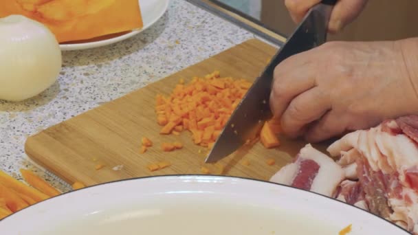 Cook Chops Pumpkin Small Pieces Knife Cooking Close — 비디오