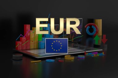 Soyut çok renkli şekiller, oklar ve diyagramlara sahip koyu bir zemin üzerinde altın kaplamalı EUR ve Avrupa Birliği bayrağı. 3 boyutlu görüntüleme. Finans konsepti. Forex