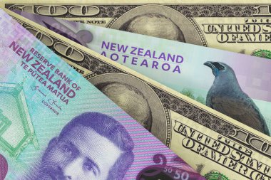 Banknotlar Yeni Zelanda doları ve Amerikan doları. Nakit. Mali konsept.