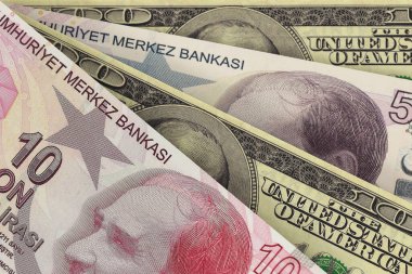 Türk lirası ve Amerikan doları banknotları. Nakit. Mali konsept.
