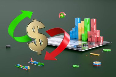İki okla çevrili dolar sembolü, soyut şekil ve çizelgelere karşı yeşil ve kırmızı. 3 boyutlu görüntüleme. Finans konsepti, forex