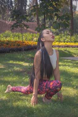 Güzel Asyalı kız parkta çimlerde yoga yapıyor. Fitness. Sağlıklı yaşam tarzı