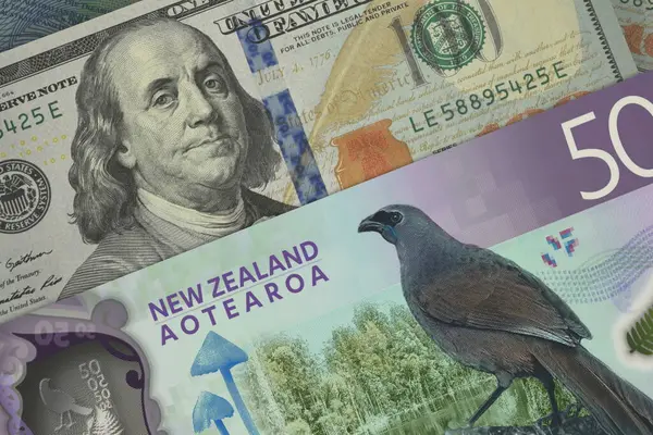 Yeni Zelanda Doları ve ABD Doları Banknotları. Nakit. Mali Konsept