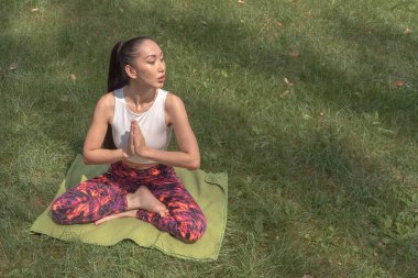 Güzel Asyalı kız parkta çimlerde yoga yapıyor. Fitness. Sağlıklı yaşam tarzı