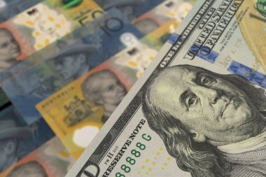 ABD Doları ve Avustralya Doları Banknotları. Nakit. Mali Konsept.