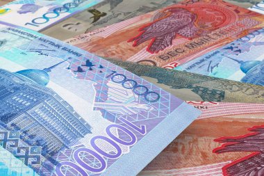 Kazakhstani tenge banknotes. Currency market. Financial concept clipart