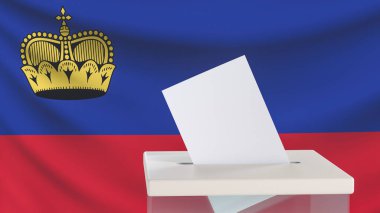 Lihtenştayn bayrağının arka planına karşı oy sandığına mesaj veya logo için boşluk bırakıldı. Seçim konsepti. 3 boyutlu görüntüleme. Model