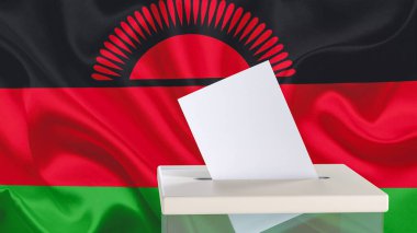 Mesaj veya logo için boşluk olan boş oy pusulası, Malawi bayrağının arka planına karşı oy sandığına atılır. Seçim konsepti. 3 boyutlu görüntüleme. Model