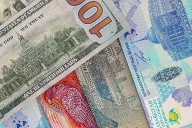 Kazakistan banknotlu 100 dolarlık banknotun arkası. Döviz piyasası. Mali konsept