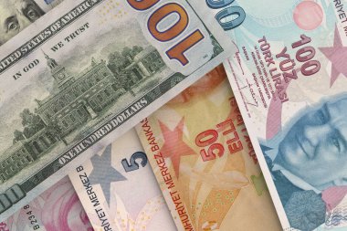 Türk Lirası banknotlu 100 dolarlık banknotun arkası. Dış Döviz Borsası. Mali Konsept