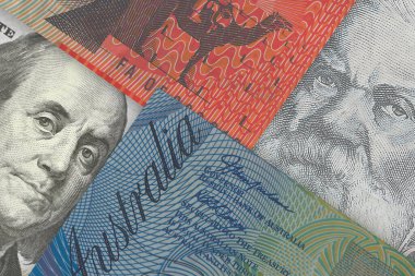 Avustralya doları ve Amerikan doları banknotları. Nakit. Mali konsept.
