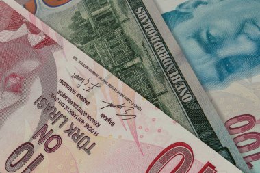Türk lirası ve Amerikan doları banknotları. Nakit. Mali konsept.