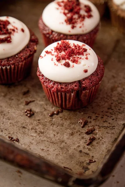 Kremalı ve siyah arka planlı kırmızı kadife kekler. seçici odak.