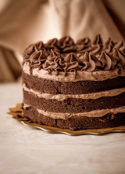Heerlijke Chocoladetaart Met Houten Achtergrond — Stockfoto