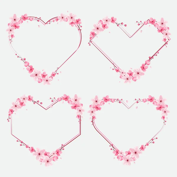 Cherry Blossoms Border Template Frame Flower Heart Form Sakura Vector — Stock Vector