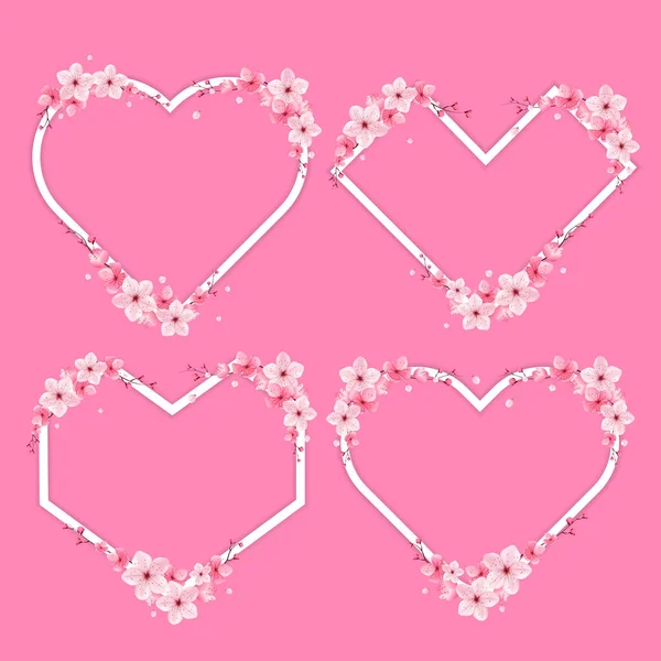 Cherry Blossoms Border Template Frame Flower Heart Form Sakura Vector — Stock Vector