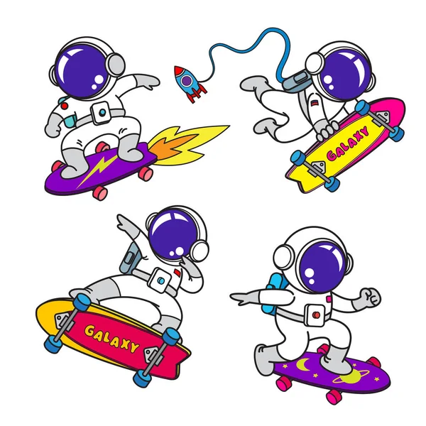 Astronaut Σετ Κινουμένων Σχεδίων Κινούμενα Σχέδια Επίπεδη Σχεδίαση Skate Board — Διανυσματικό Αρχείο