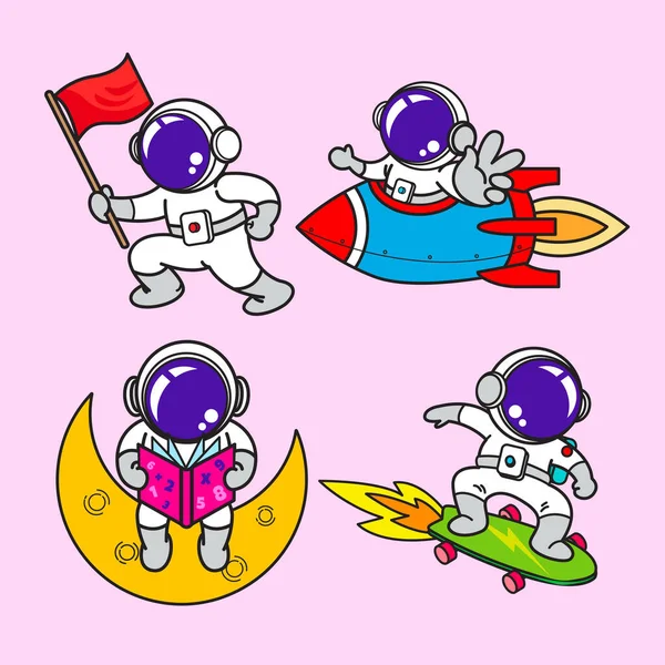 Astronaut Σετ Κινουμένων Σχεδίων Κινούμενο Σχέδιο Επίπεδη Σχεδίαση Skate Board — Διανυσματικό Αρχείο