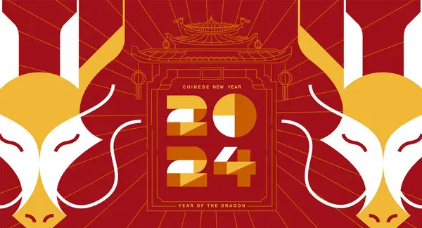 Layout Modelo Ano Novo Chinês 2024 Ano Dragão Esboço Traço —  Vetores de Stock