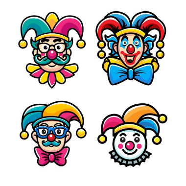 1 Nisan şakası, Palyaço Karakteri, Renkli vektör çizimi, düz tasarım, simge seti