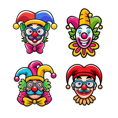 1 Nisan şakası, Palyaço Karakteri, Renkli vektör çizimi, düz tasarım, simge seti