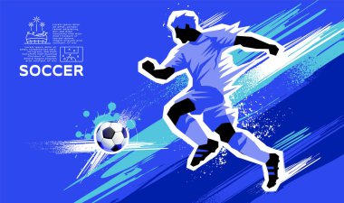 Futbol sancak şablonu, futbolcu, vektör illüstrasyonu, düzen tasarımı, mavi tema