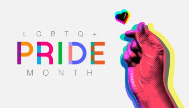 Gurur Ayı, LGBTQ +, Eşcinsel Gurur Ayı, gökkuşağı rengi, düz tasarım, el, birlikte, aşk işareti, tipografi