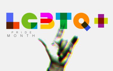 Gurur Ayı, LGBTQ +, Eşcinsel Gurur Ayı, gökkuşağı rengi, düz tasarım, el, birlikte, aşk işareti, tipografi