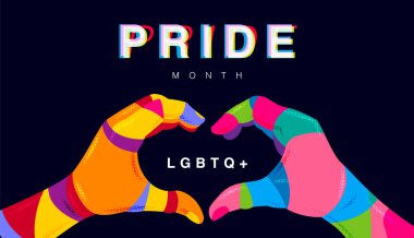 Gurur Ayı, LGBTQ +, Eşcinsel Gurur Ayı, gökkuşağı rengi, düz tasarım, el, birlikte, aşk işareti, tipografi