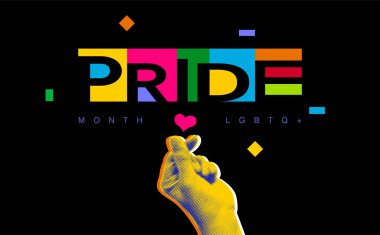 Gurur Ayı, LGBTQ +, Eşcinsel Gurur Ayı, gökkuşağı rengi, düz tasarım, el, birlikte, aşk işareti, tipografi