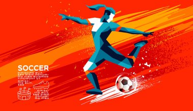 Kadın Futbolcunun Geometrik Vektörü Tekmeleme, Koşu, Salya Sürme, Soyut Fırça Arkaplan Minimalist Spor Resimleri