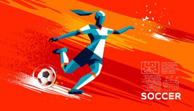 Kadın Futbolcunun Geometrik Vektörü Tekmeleme, Koşu, Salya Sürme, Soyut Fırça Arkaplan Minimalist Spor Resimleri