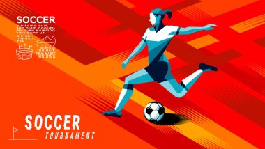 Kadın Futbolcunun Geometrik Vektörü Tekme, koşu, top sürme, Soyut Fırça Arkaplan Sporu