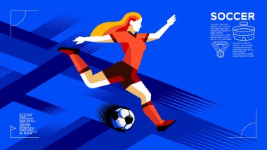 Kadın Futbolcunun Geometrik Vektörü Tekme, koşu, top sürme, Soyut Fırça Arkaplan Sporu