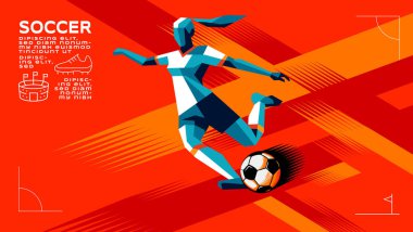 Kadın Futbolcunun Geometrik Vektörü Tekme, koşu, top sürme, Soyut Fırça Arkaplan Sporu