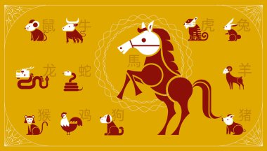 Bir dizi Çin burcu maskotu, çizgi film karakteri.,