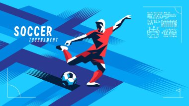 Futbol oyuncusunun soyut geometrik vektörü renkli dinamik şekiller ve modern spor afiş tasarımı ile iş başında.