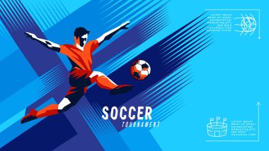 Geometrik oyuncu silueti ve soyut fırça darbesi arka planı ile canlı futbol illüstrasyonu.