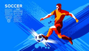 Futbol atletinin topa vuruşunun renkli grafik tasarımı, spor etkinlikleri için modern soyut poster.