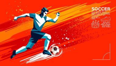 Futbol atletinin topa vuruşunun renkli grafik tasarımı, spor etkinlikleri için modern soyut poster.