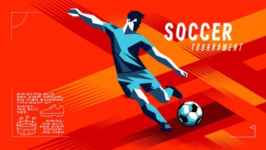 Futbol oyuncusunun soyut geometrik vektörü renkli dinamik şekiller ve modern spor afiş tasarımı ile iş başında.