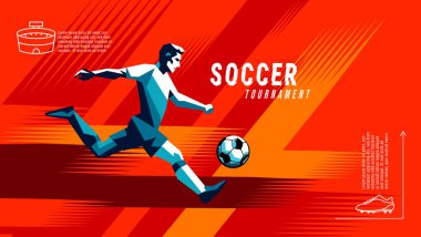 Geometrik oyuncu silueti ve soyut fırça darbesi arka planı ile canlı futbol illüstrasyonu.