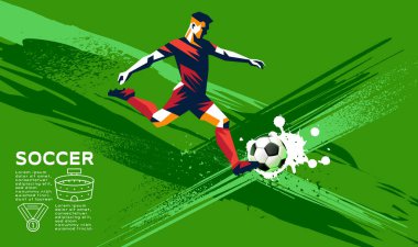 Turnuva sırasında topa vuran bir futbolcunun dinamik vektör çizimi. Yeşil hız çizgileri ve soyut arkaplan ile modern düz stil tasarımı