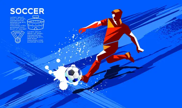 Turnuva sırasında topa vuran bir futbolcunun dinamik vektör çizimi. Yeşil hız çizgileri ve soyut arkaplan ile modern düz stil tasarımı