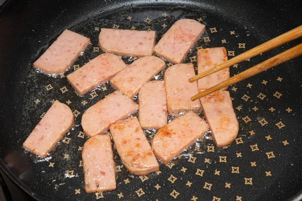 Pork Ham Dish Being Fried Oil Frying Pan — Stock Photo, Image
