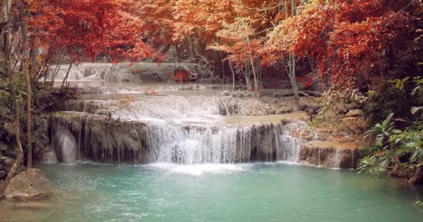 Beautiful Waterfall Trees Red Leaves Rocks Stones Autumn Forest — ストック動画
